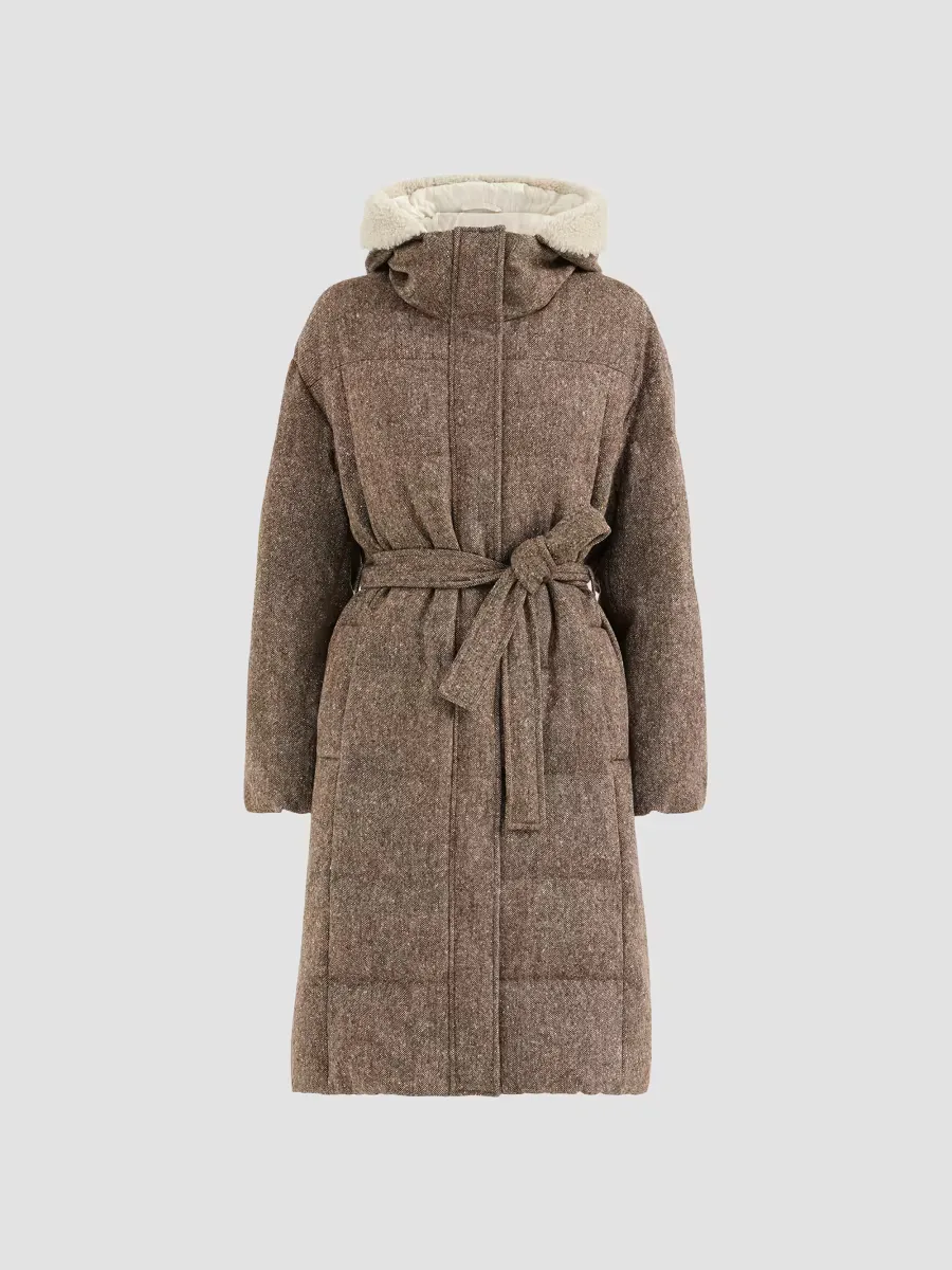 Virgin Wool Donegal Down Coat with Shearling Inserts and Monili by Brunello Cucinelli