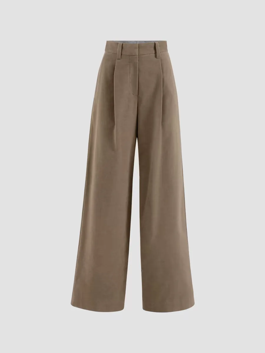 Stretch Cotton Moleskin Loose Tailored Trousers with Monili by Brunello Cucinelli