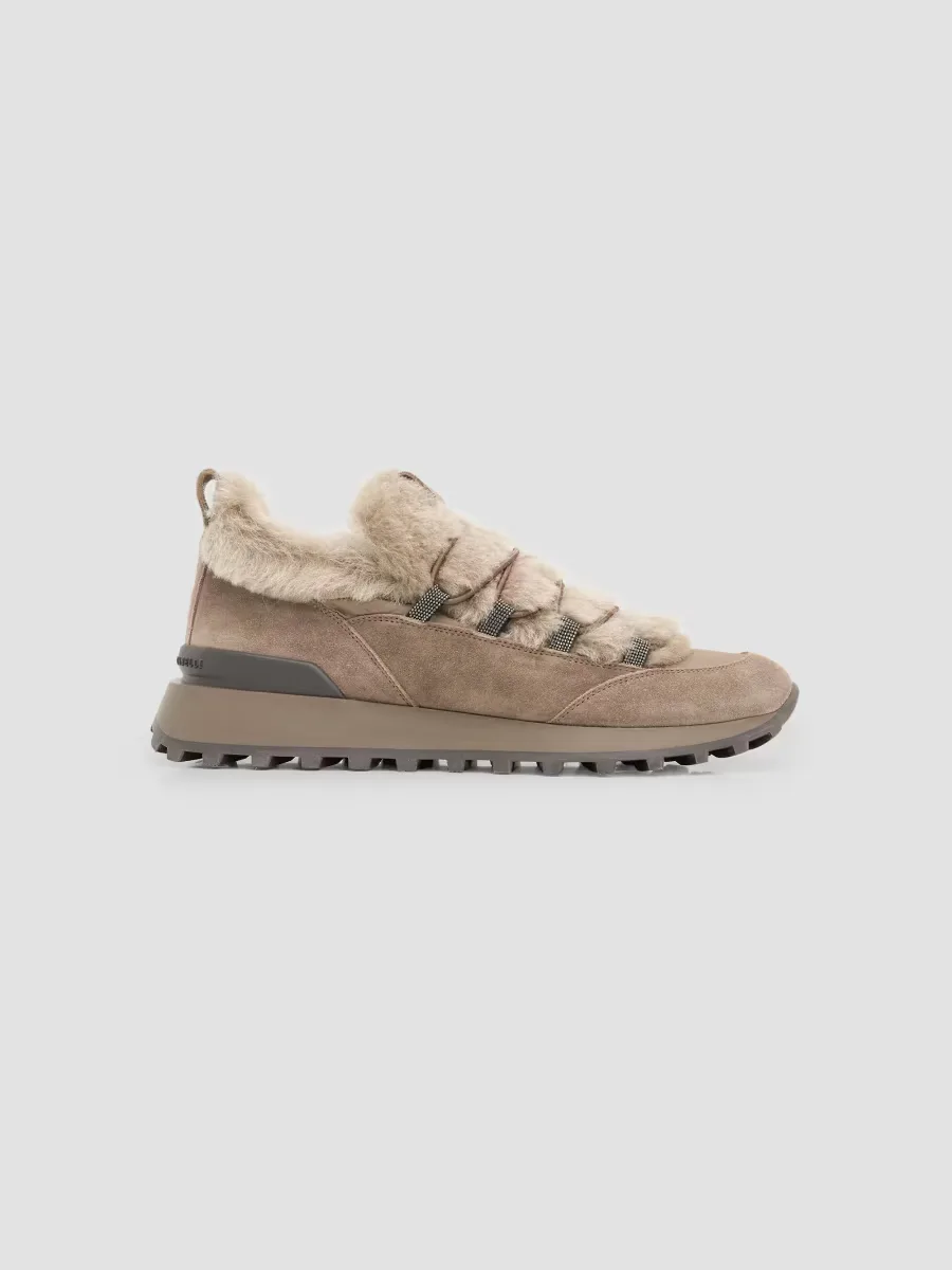 Suede Shearling Low-Top Sneakers by Brunello Cucinelli