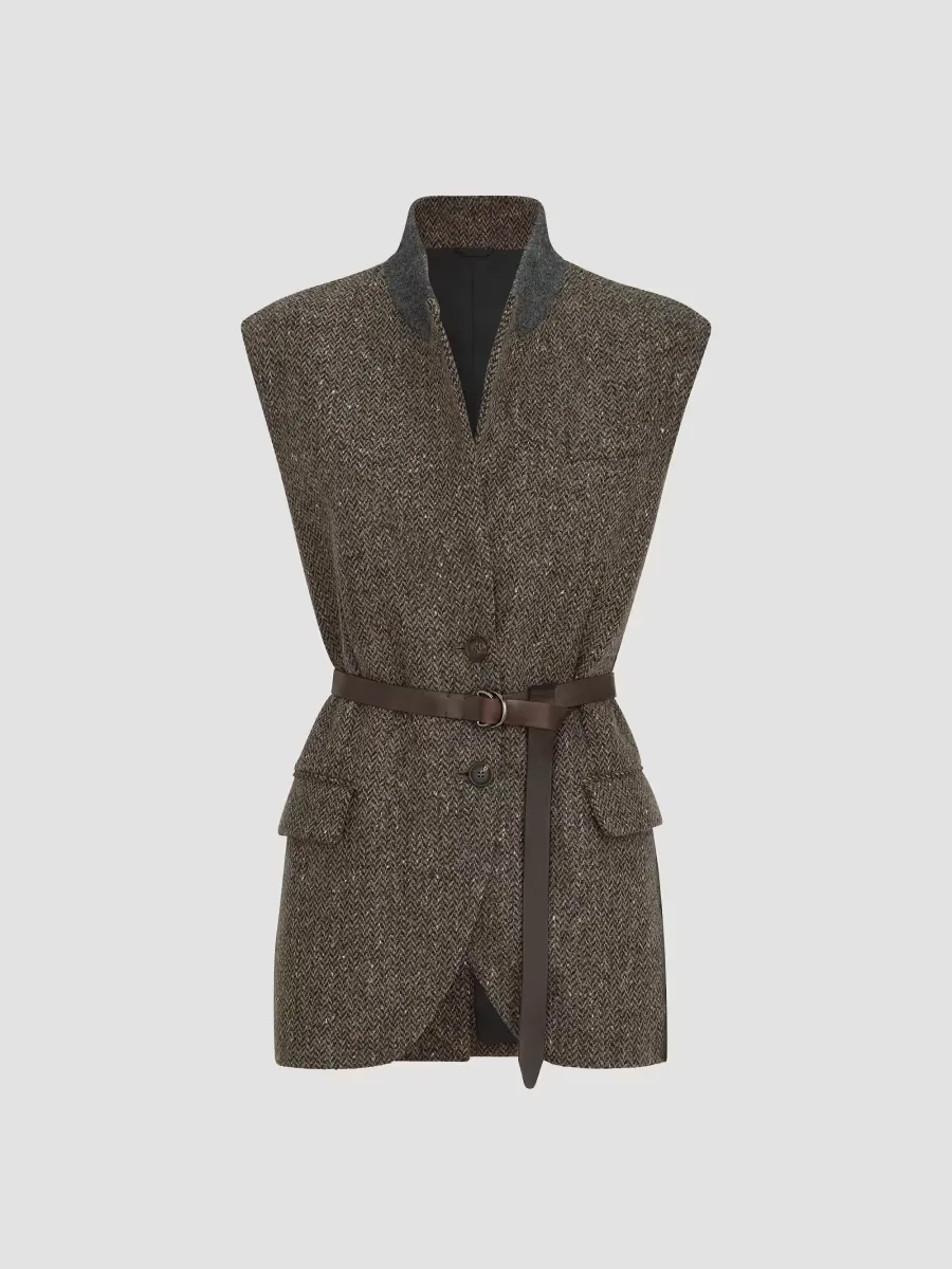 Sparkling Virgin Wool Chevron Vest with Leather Belt and Monili by Brunello Cucinelli