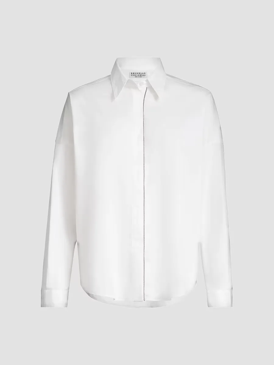 Stretch Cotton Poplin Shirt with Shiny Trim by Brunello Cucinelli