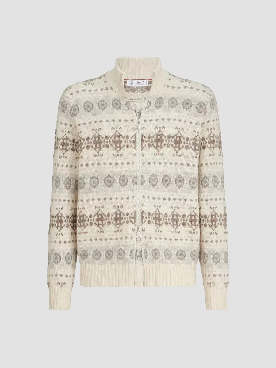 Cashmere Jacquard High-Neck Cardigan with Zipper by Brunello Cucinelli