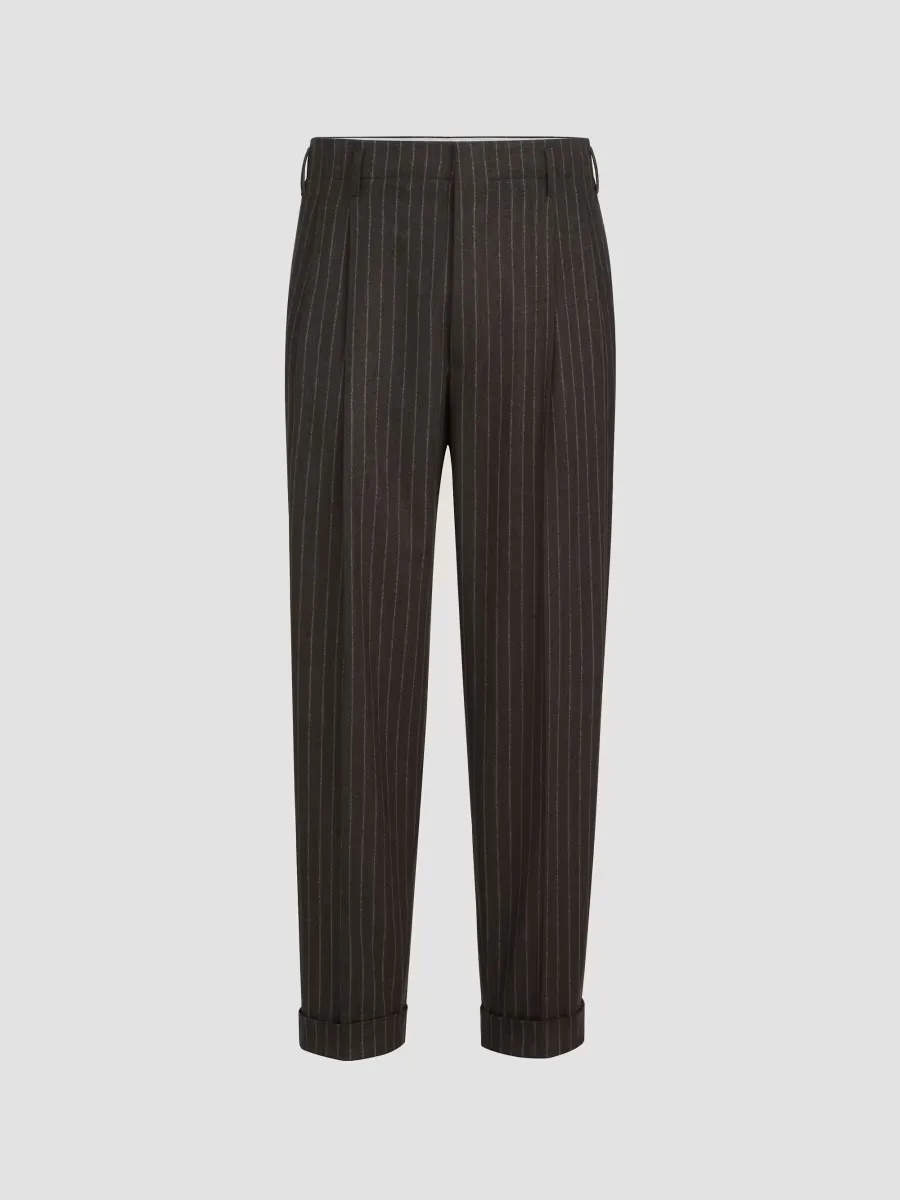 Virgin Wool and Cashmere Chalk Stripe Trousers with Double Pleats by Brunello Cucinelli