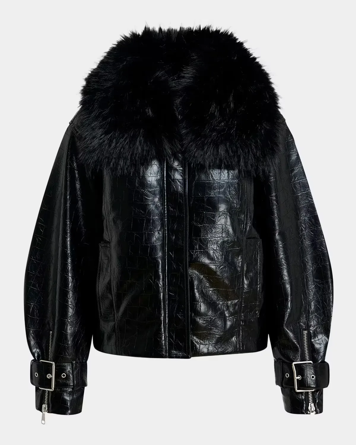 Kabuki Faux Leather Bomber Jacket with Faux-Fur Collar