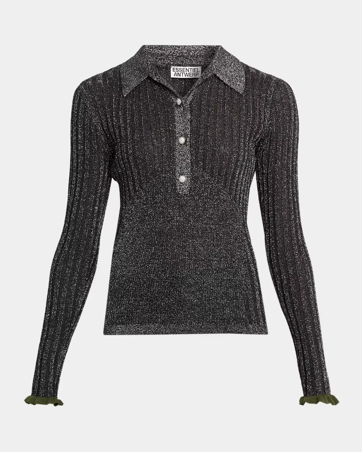 Karan Metallic Rib-Knit Polo Top by Essentiel Antwerp