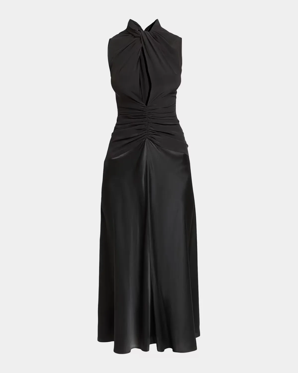Delfi Sleeveless Ruched Keyhole Satin Midi Dress