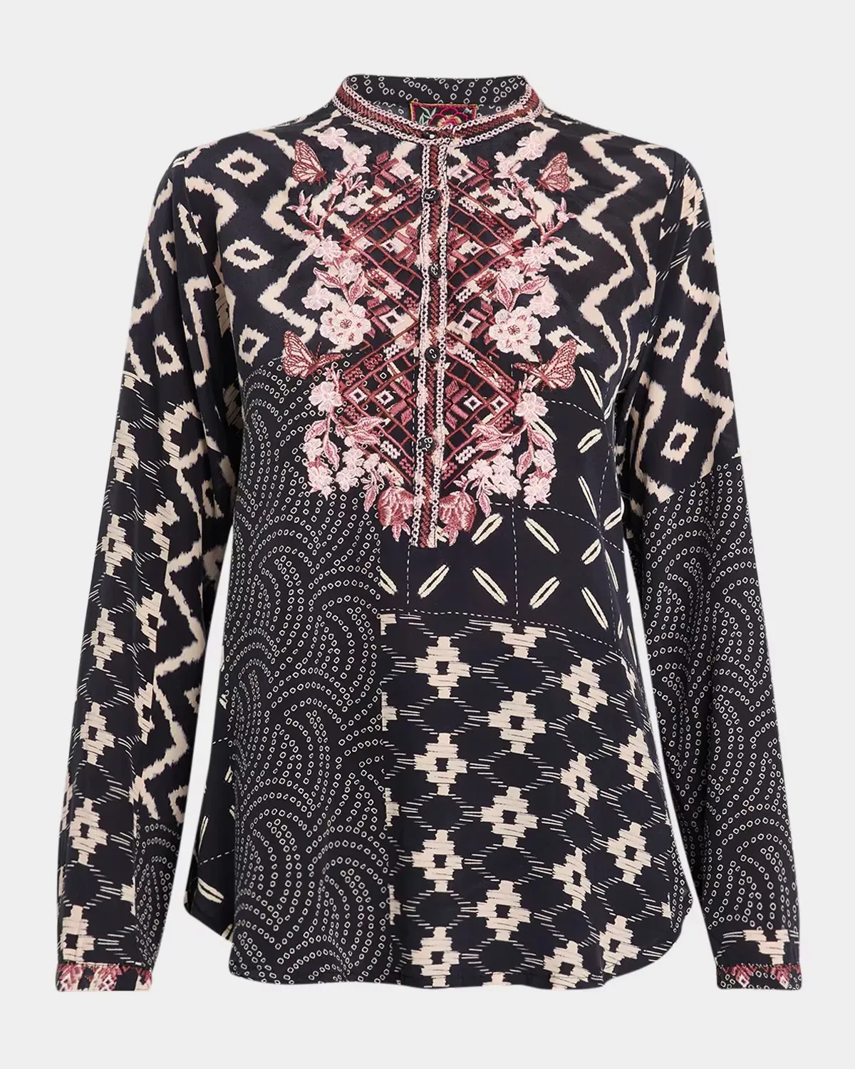 Nya Embroidered Patchwork-Print Silk Shirt by Johnny Was