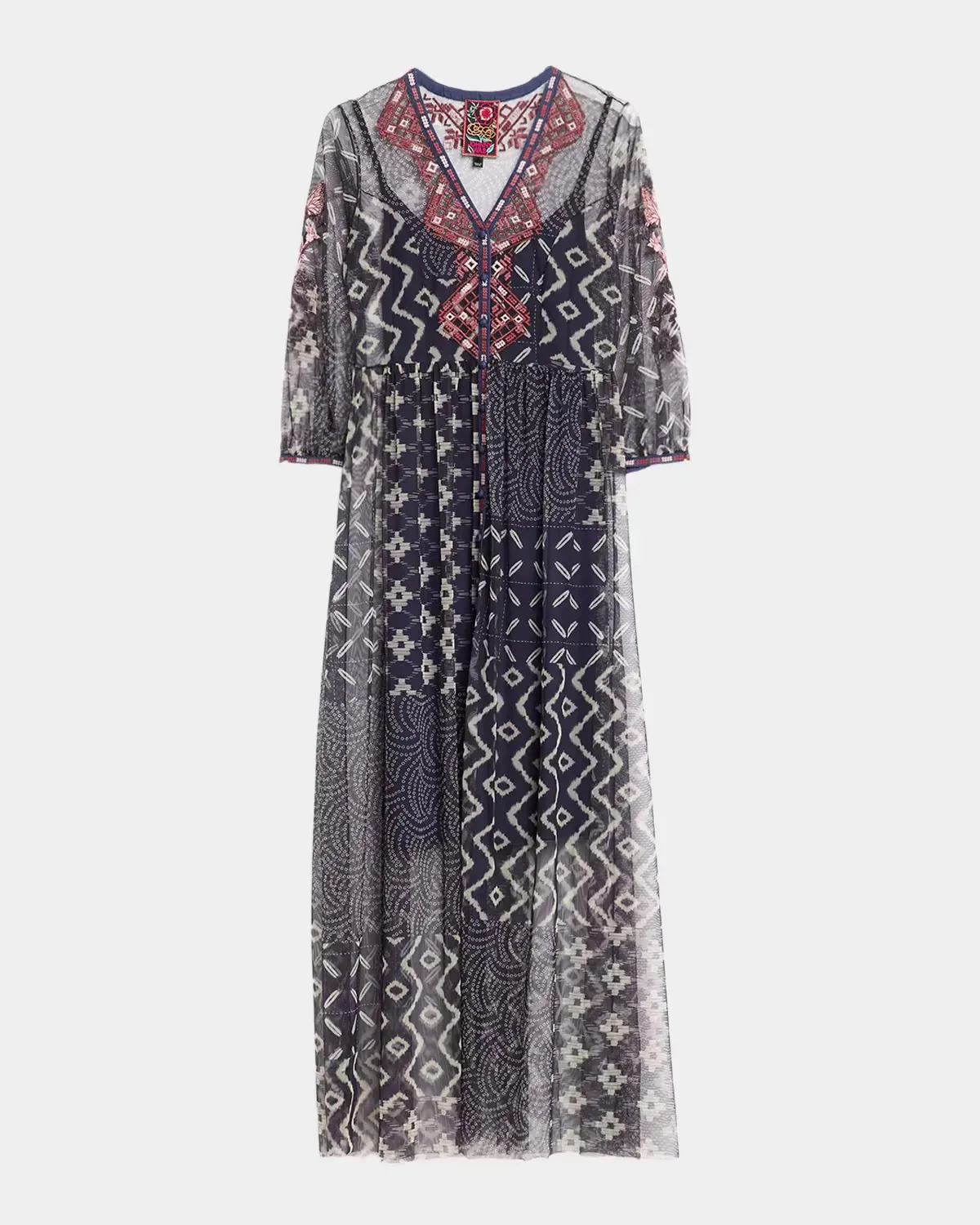 Theia Patchwork-Print Mesh Maxi Dress by Johnny Was