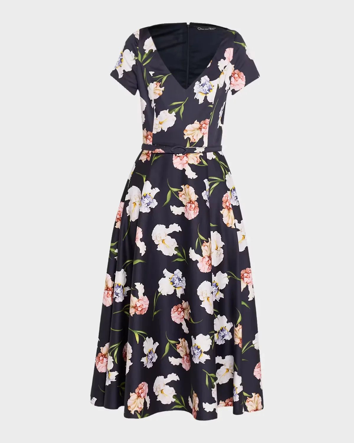 Short-Sleeve Painted Iris Cotton Belted Midi Dress