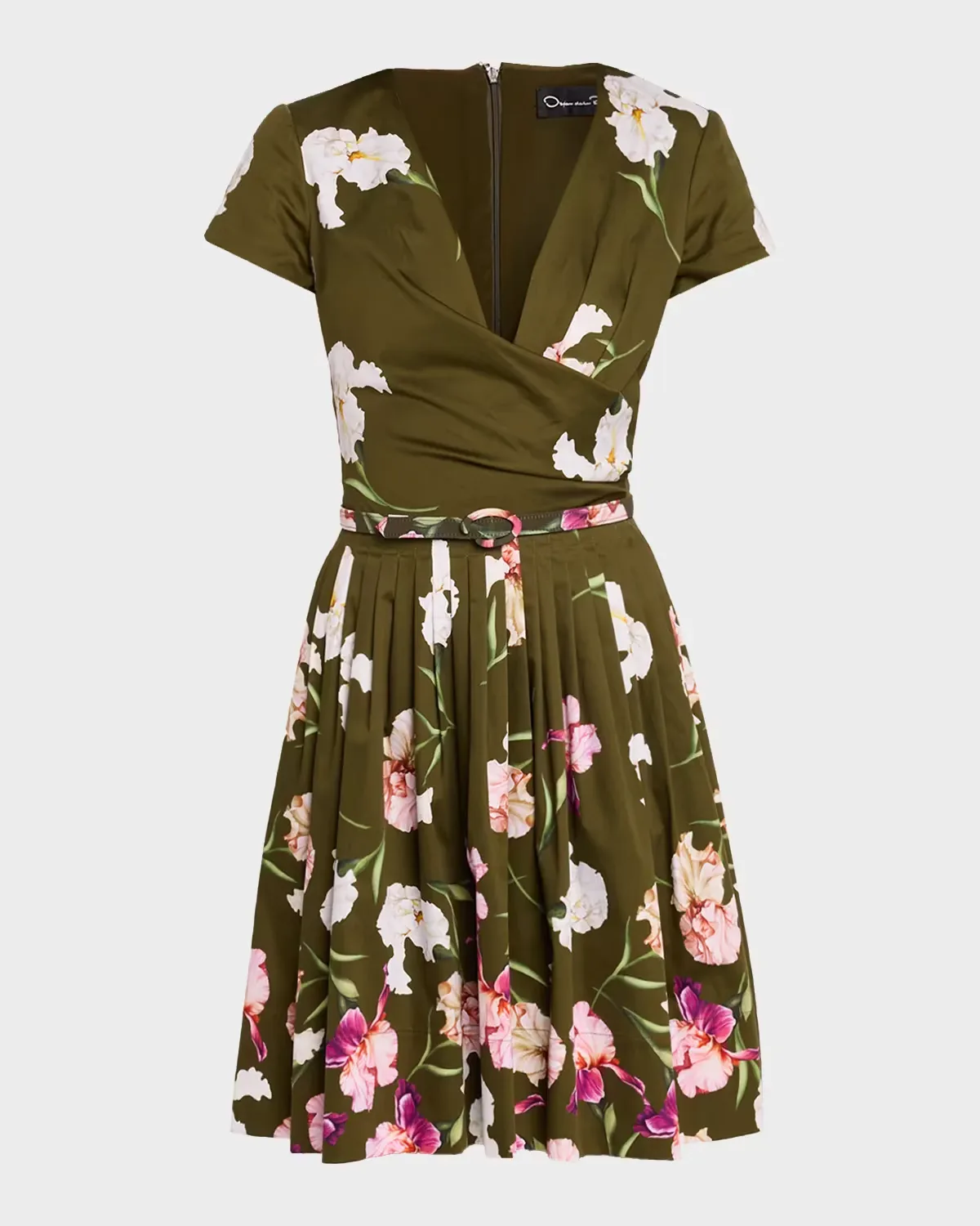 Iris-Print Short-Sleeve Pleated Mini Dress with Belt by Oscar de la Renta