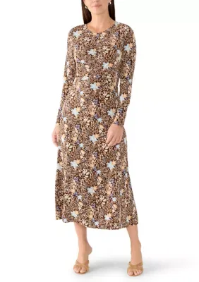 Golden Touch Long Sleeve Crew Neck Ruched Bodice A-Line Midi Dress by Harlow & Rose