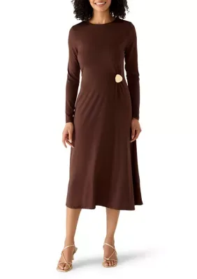 Golden Touch Long Sleeve Crew Neck Cinched Waist Midi Dress by Harlow & Rose