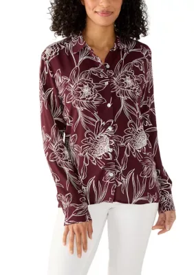 Woven Long Sleeve Straight Hem Palm Button Down Shirt by Caribbean Joe