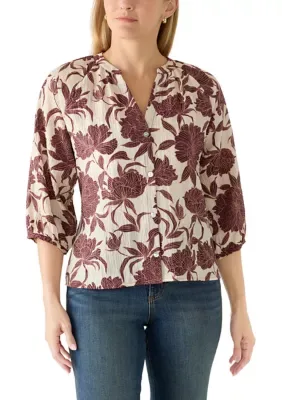Woven Balloon Sleeve Button Down Top by Caribbean Joe