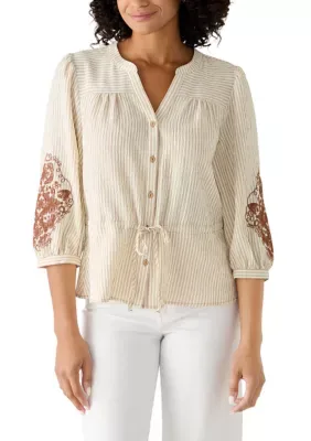 Long Sleeve V-Neck Printed Tie Top by Figueroa & Flower