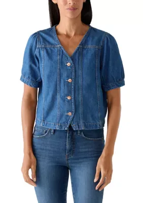Puff Sleeve Buttoned V-Neck Denim Top by Industry