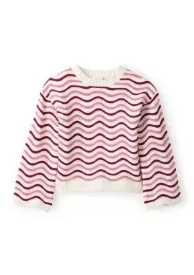 Long Sleeve Crew Neck Chevron Pointelle Knit Sweater by CeCe