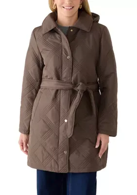 Quilted Tie Waist Coat with Hood by Jones New York