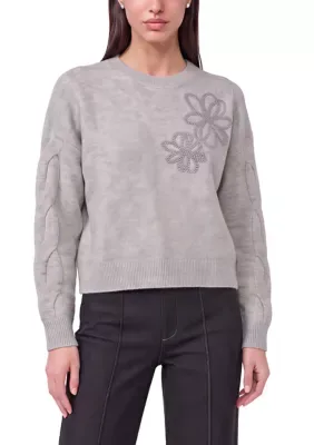 Floral Appliqu Boat Neck Sweater by CeCe