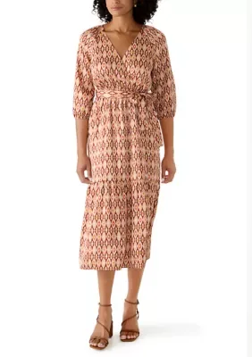 3/4 Sleeve Printed Tied Dress by Lucky Brand