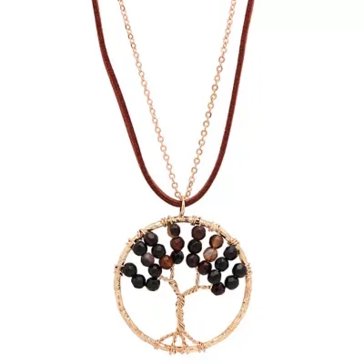 18k Gold Plated Brass Black Agate Tree of Life Necklace with Brown Velvet by Steeltime