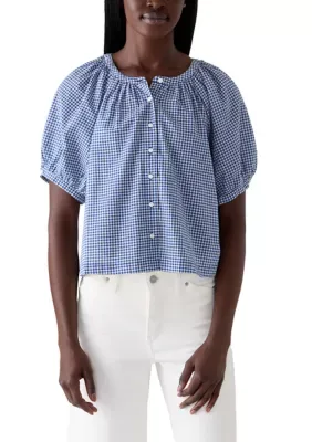 Short Sleeve Pattern Woven Button Front Top by Industry