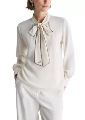 Long Sleeve Tipped Bow Neck Blouse by BCBG