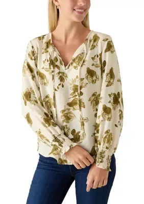 Long Sleeve Elastic Smocked Cuff Pop Over Blouse Tie Neck Detail Top by Velvet Heart