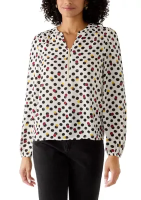 Zip Front Polka Dot Cuff Sleeve Blouse