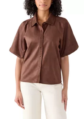 Scuba Suede Puff Sleeve Button Down Top