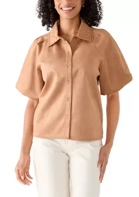 Scuba Suede Puff Sleeve Button Down Top