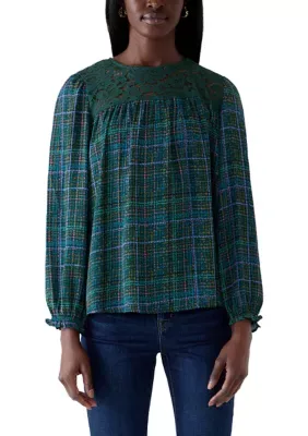 Printed Plaid Crepe Shoulder Blouse by Zac & Rachel