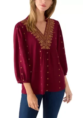 Printed Embroidery Pattern V-Neck Blouse by Figueroa & Flower