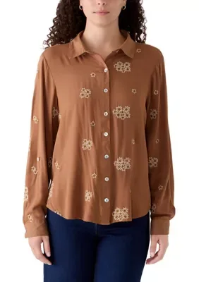 Cuffed Sleeve Pattern V-Neck Button Down Shirt by Figueroa & Flower