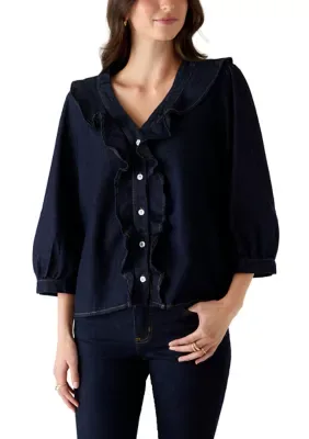 Ruffle Neck Denim Blouse by Kensie