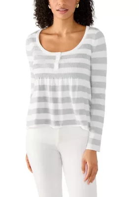 Long Sleeve Scoop Neck Button Front Henley Babydoll Pullover by Derek Heart