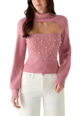 2-Piece Pearl Embellished Sweater Tank Top with Long Sleeve Shrug by Meraki