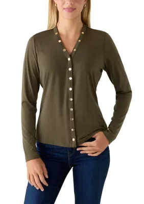 Long Sleeve Jewel Pattern V-Neck Blouse by Joan Vass