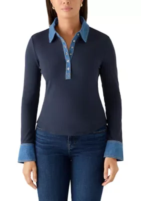Half Denim Knit Button Down Blouse by Truth by Republic