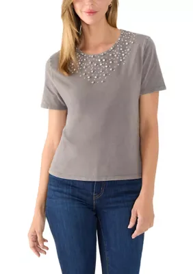 Jeweled Patterned Short Sleeve Top by Muse Republic Clothing