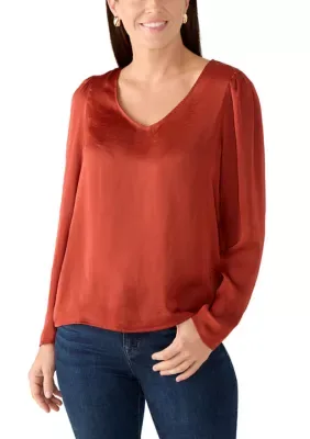 V-Neck Long Sleeve Sheer Shirt by Carmen Marc Valvo