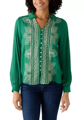 Button Front Embroidered Blouse by Figueroa & Flower