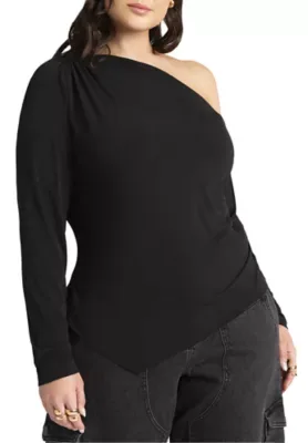 Ruched One Shoulder Tee with Thumbhole Sleeve by Eloquii