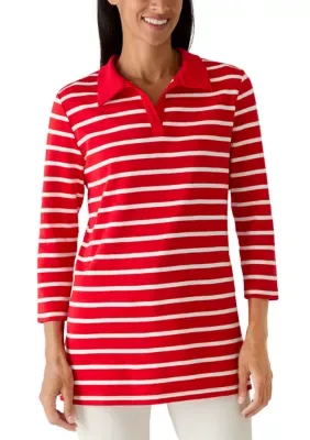 3/4 Sleeve Johnny Collar Polo Tunic Top by Kim Rogers