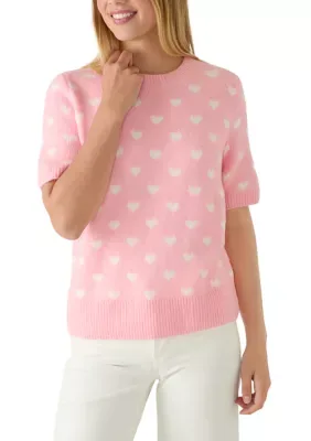 Short Sleeve Jacquard Heart Crew Neck Sweater by CeCe