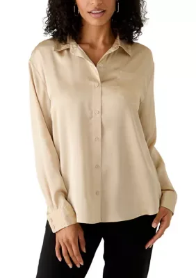Long Sleeve Satin Boyfriend Shirt by Crown & Ivy