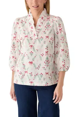 3/4 Sleeve Ruffle Neck Print Top by Crown & Ivy