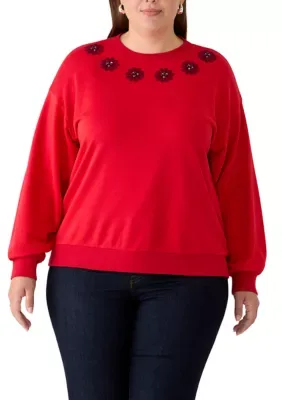 Long Sleeve Printed Neckline Sweeper Top by Crown & Ivy