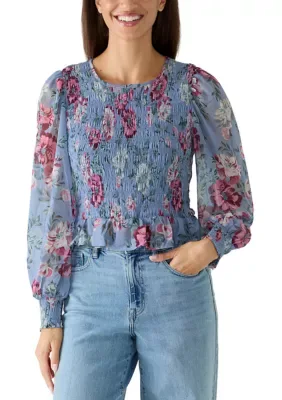 Long Blouson Sleeve Floral Shirred Blouse by Saltwater Luxe