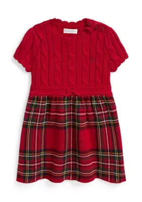 Plaid-Skirt Cable Cotton Sweater Dress by Ralph Lauren